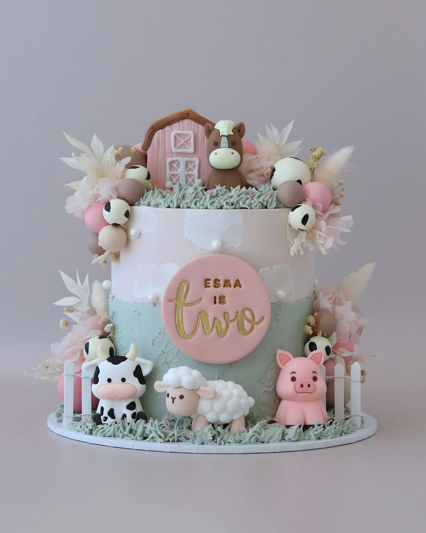 Blush Pink Farmyard Animal Celebration Cake - Bel Bear Bakes