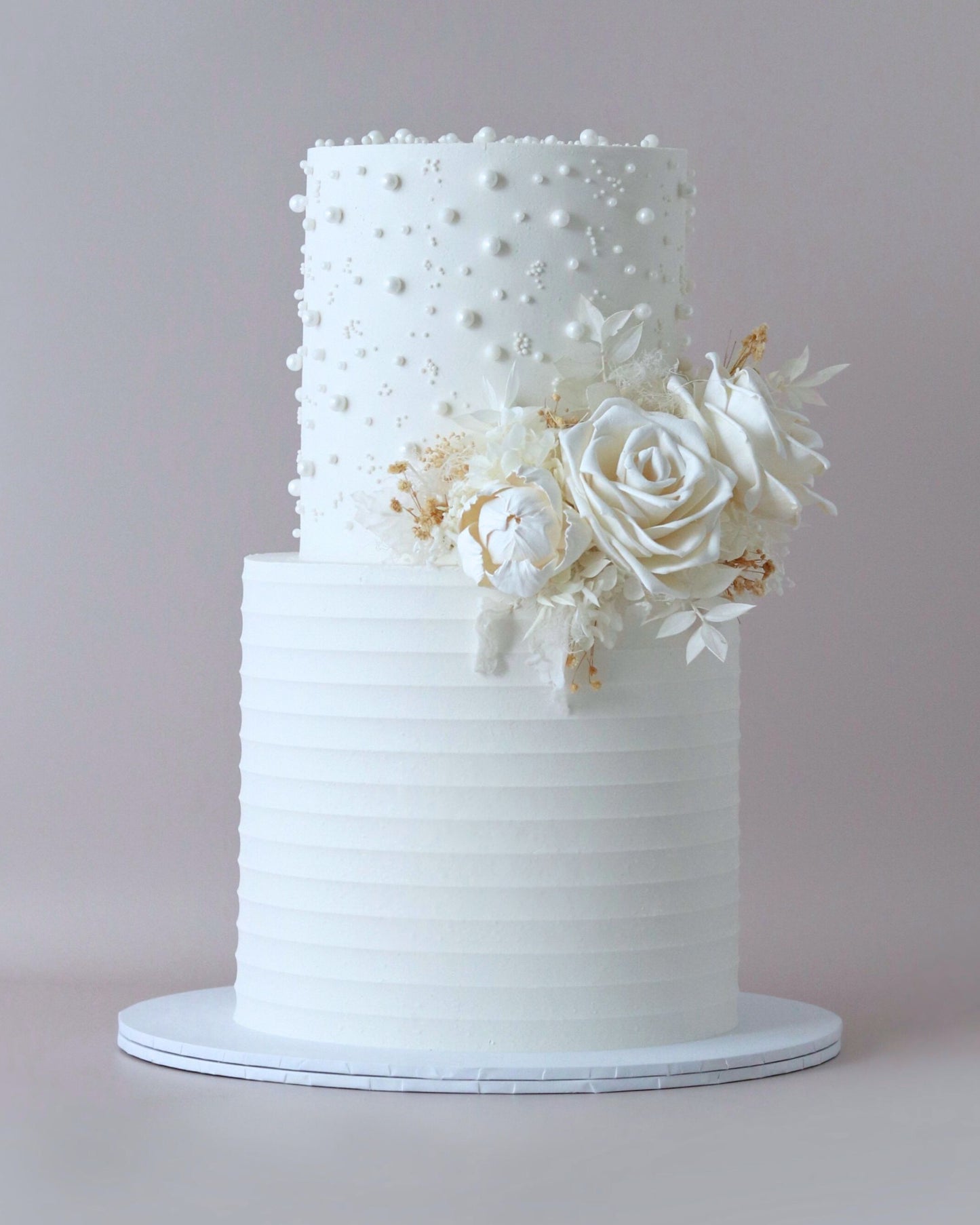 Elegant White Pearl Floral Cake Wedding Cake - Bel Bear Bakes