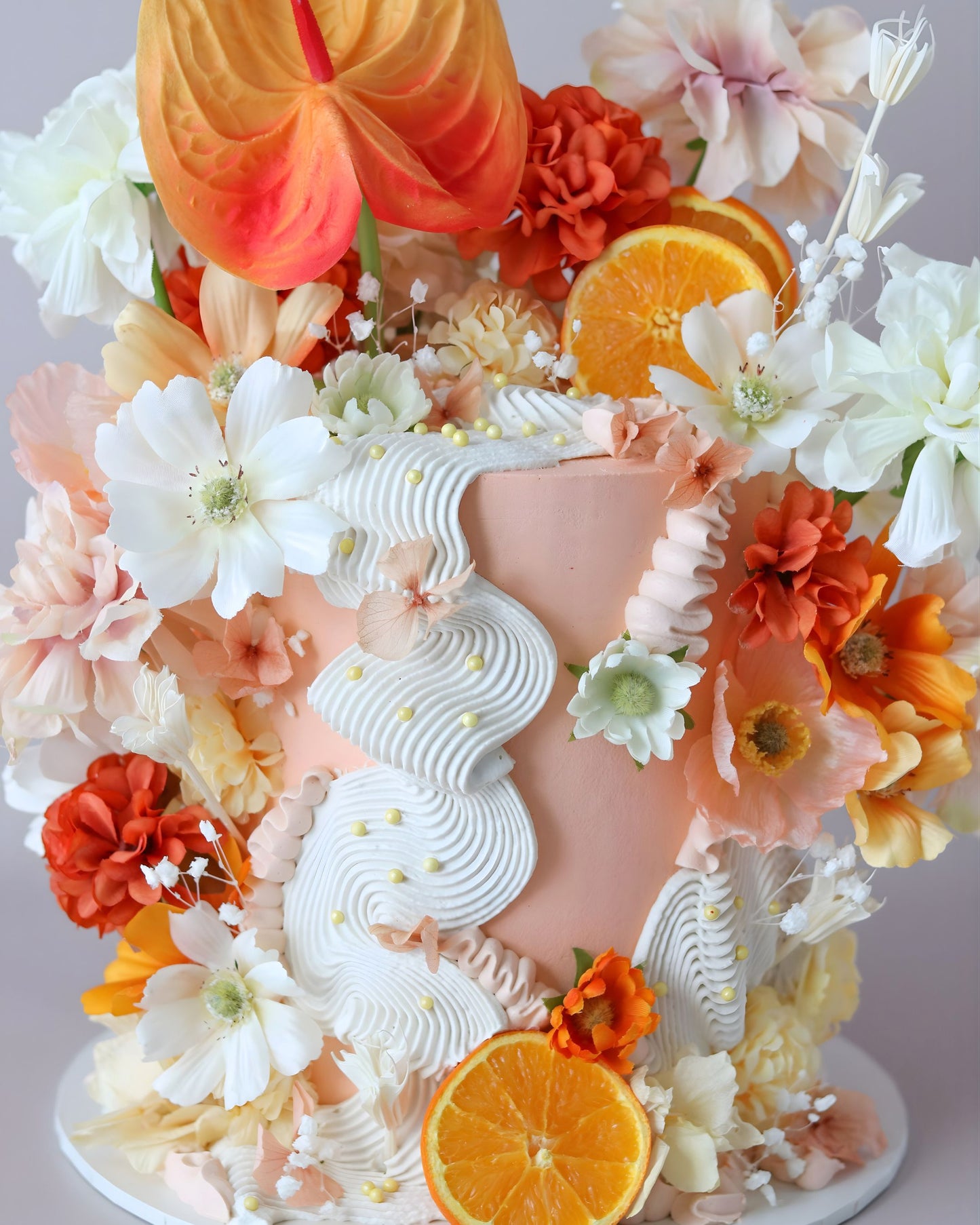 Peach & Orange Squiggle Floral Celebration Cake - Bel Bear Bakes