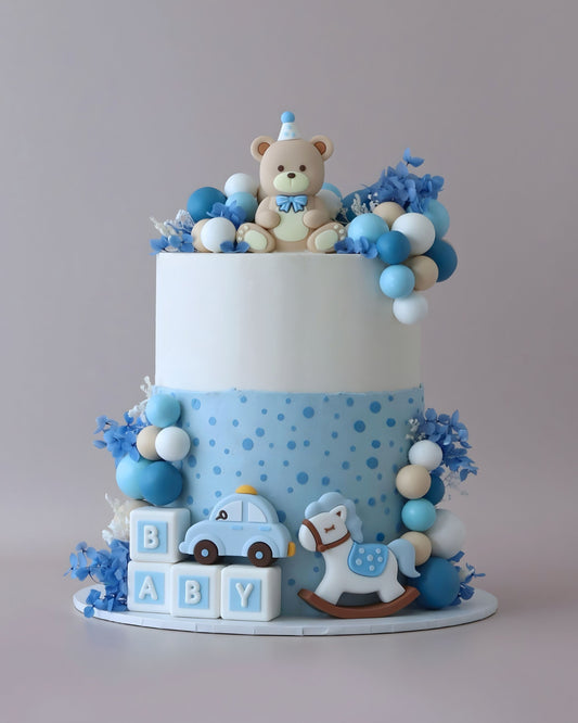 Blue and White Floral Baby Bear Celebration Cake - Bel Bear Bakes