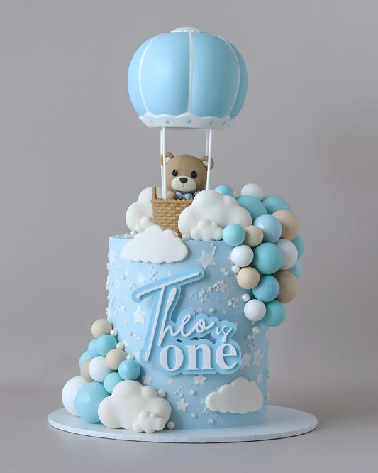 Blue & White Balloon Bear Cake - Bel Bear Bakes