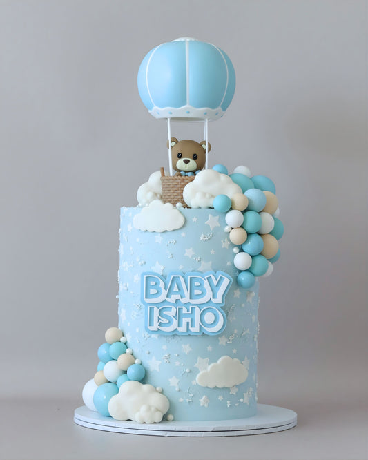 Blue & White Balloon Bear Cake - Bel Bear Bakes