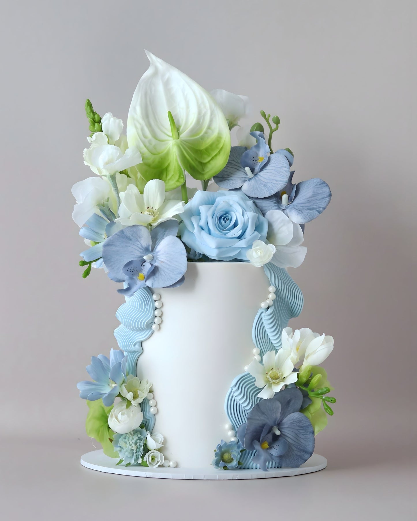 White & Blue Squiggle Floral Celebration Cake - Bel Bear Bakes