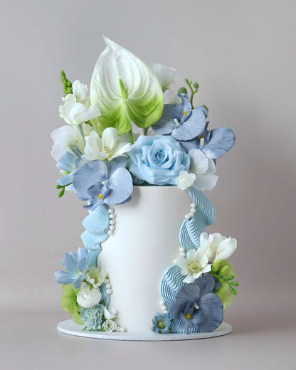 White & Blue Squiggle Floral Celebration Cake - Bel Bear Bakes