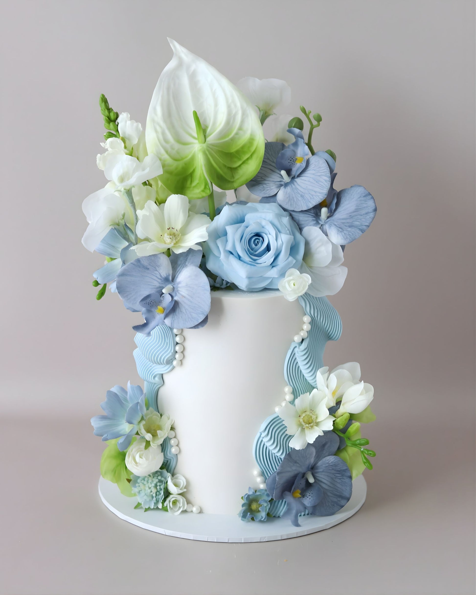 White & Blue Squiggle Floral Celebration Cake - Bel Bear Bakes