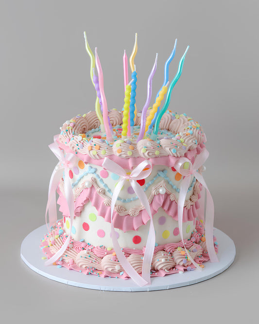 Pink & white multicolour confetti party cake with bows - Bel Bear Bakes