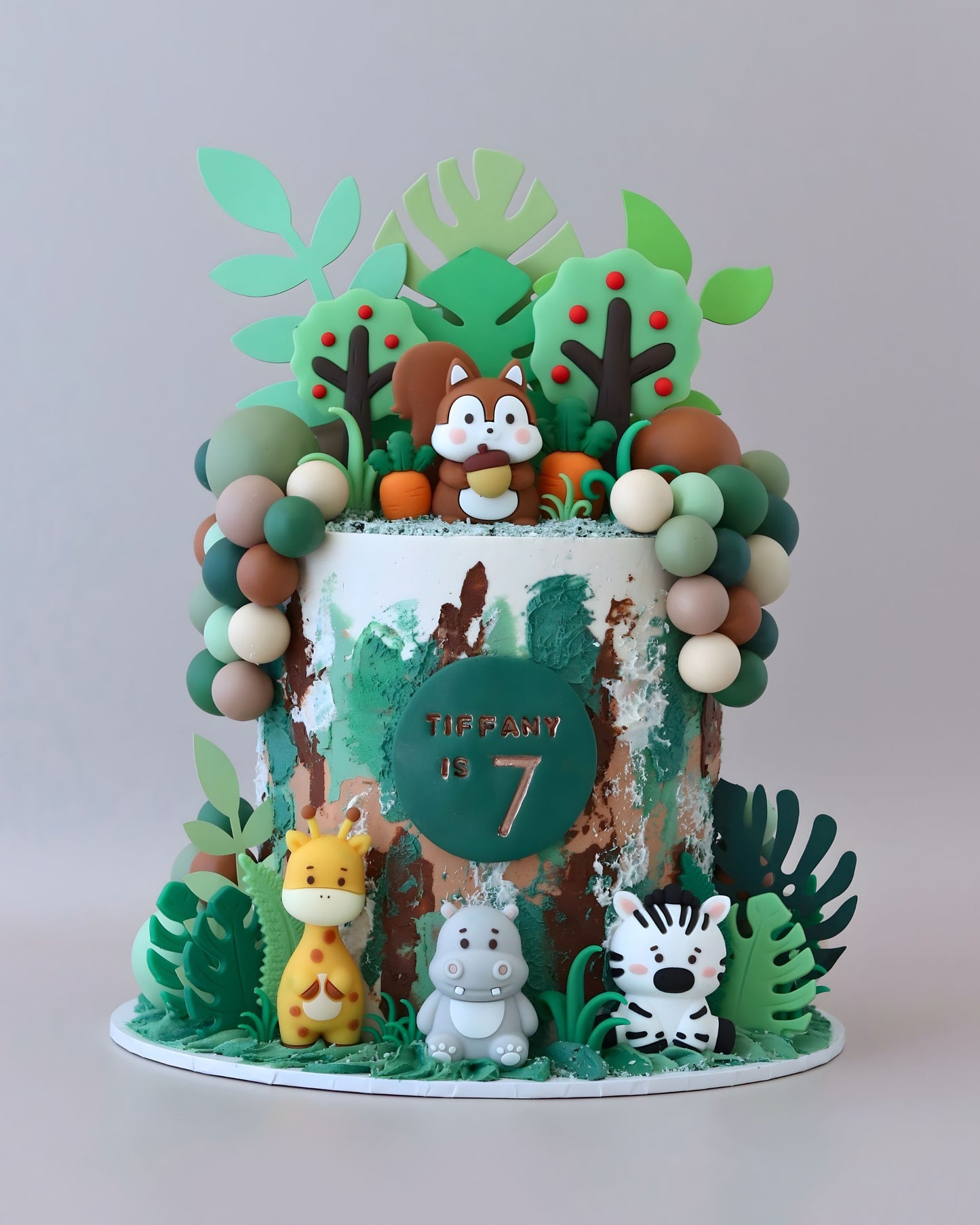 Green, White and Brown Cartoon Forest Animal Cake - Bel Bear Bakes