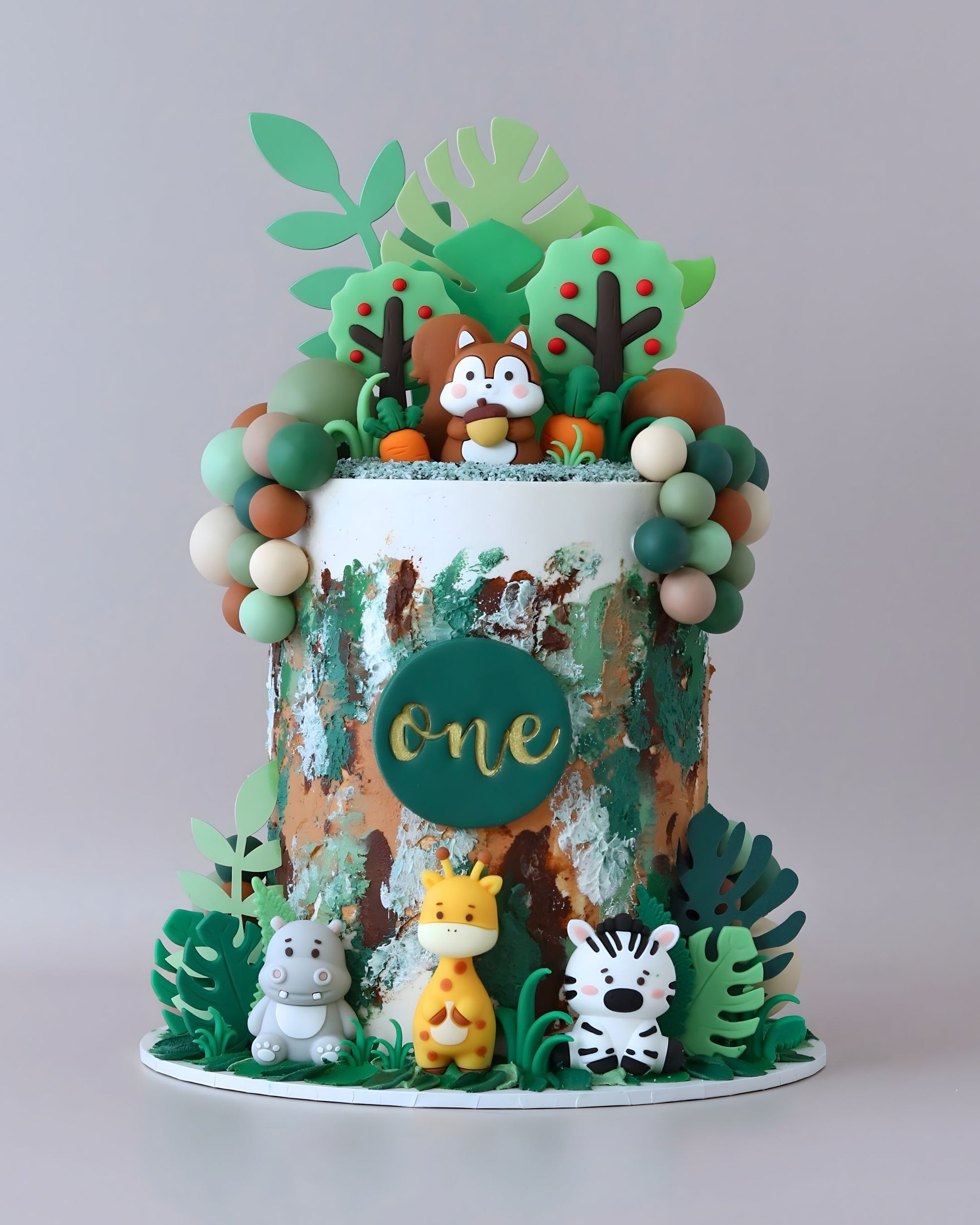 Green, White and Brown Cartoon Forest Animal Cake - Bel Bear Bakes