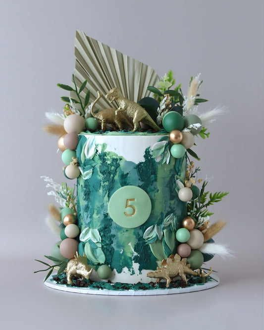Green and White Dinomight Dinosaur Theme Celebration Cake - Bel Bear Bakes