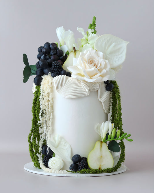White & Ivory floral wedding cake with  organic squiggles and fresh fruits - Bel Bear Bakes