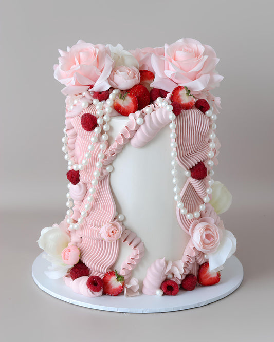 Pink Draping Pearl & Fresh fruit Floral Celebration Cake - Bel Bear Bakes