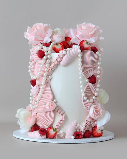 Pink Draping Pearl & Fresh fruit Floral Celebration Cake - Bel Bear Bakes