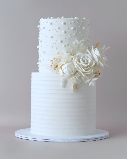 Elegant White Pearl Floral Cake Wedding Cake  - Bel Bear Bakes