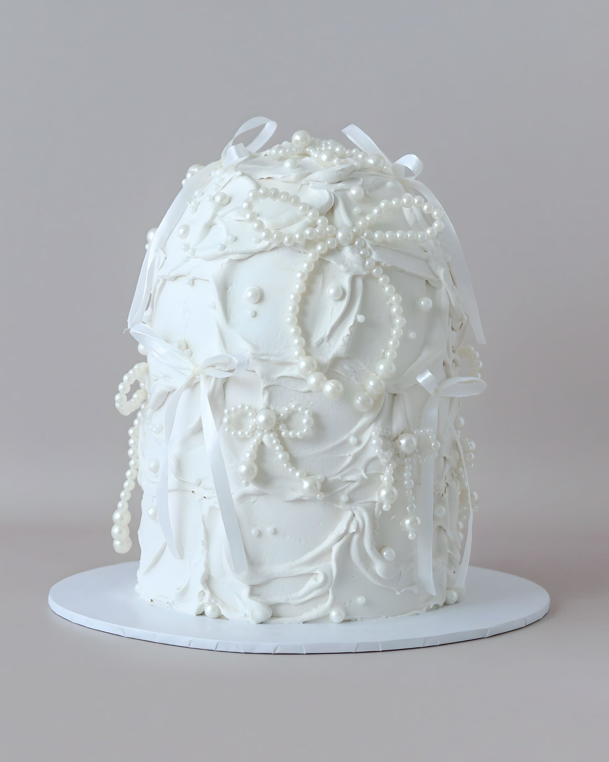 White Pearl & Ribbon Dome Wedding Cake - Bel Bear Bakes