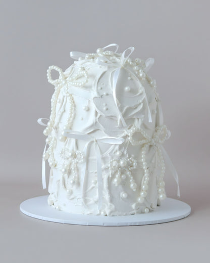 White Pearl & Ribbon Dome Wedding Cake - Bel Bear Bakes