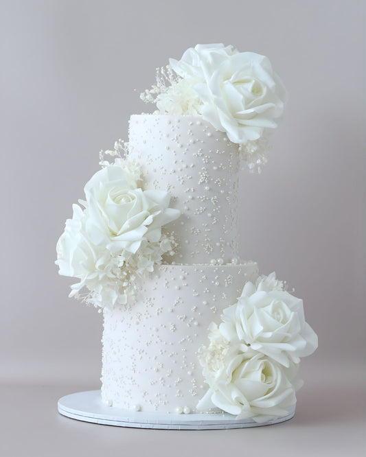 White Pearl & Rose Floral Wedding Cake - Bel Bear Bakes