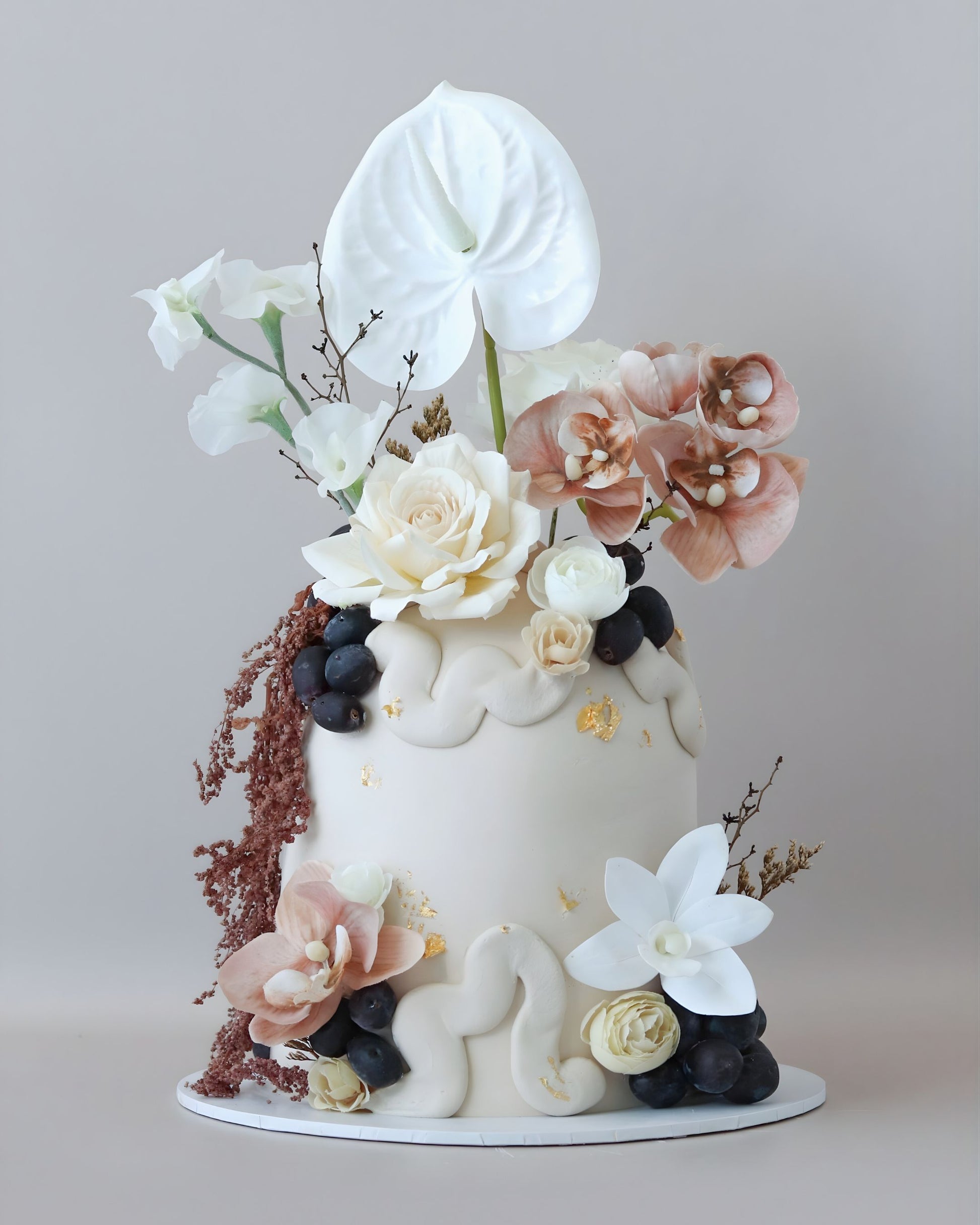 Latte floral dome wedding cake with a pop organic squiggle texture, grapes and flowers - Bel Bear Bakes