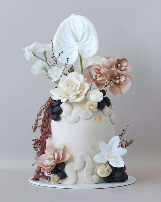 Latte floral dome wedding cake with a pop organic squiggle texture, grapes and flowers - Bel Bear Bakes
