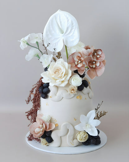 Latte floral dome wedding cake with a pop organic squiggle texture, grapes and flowers - Bel Bear Bakes