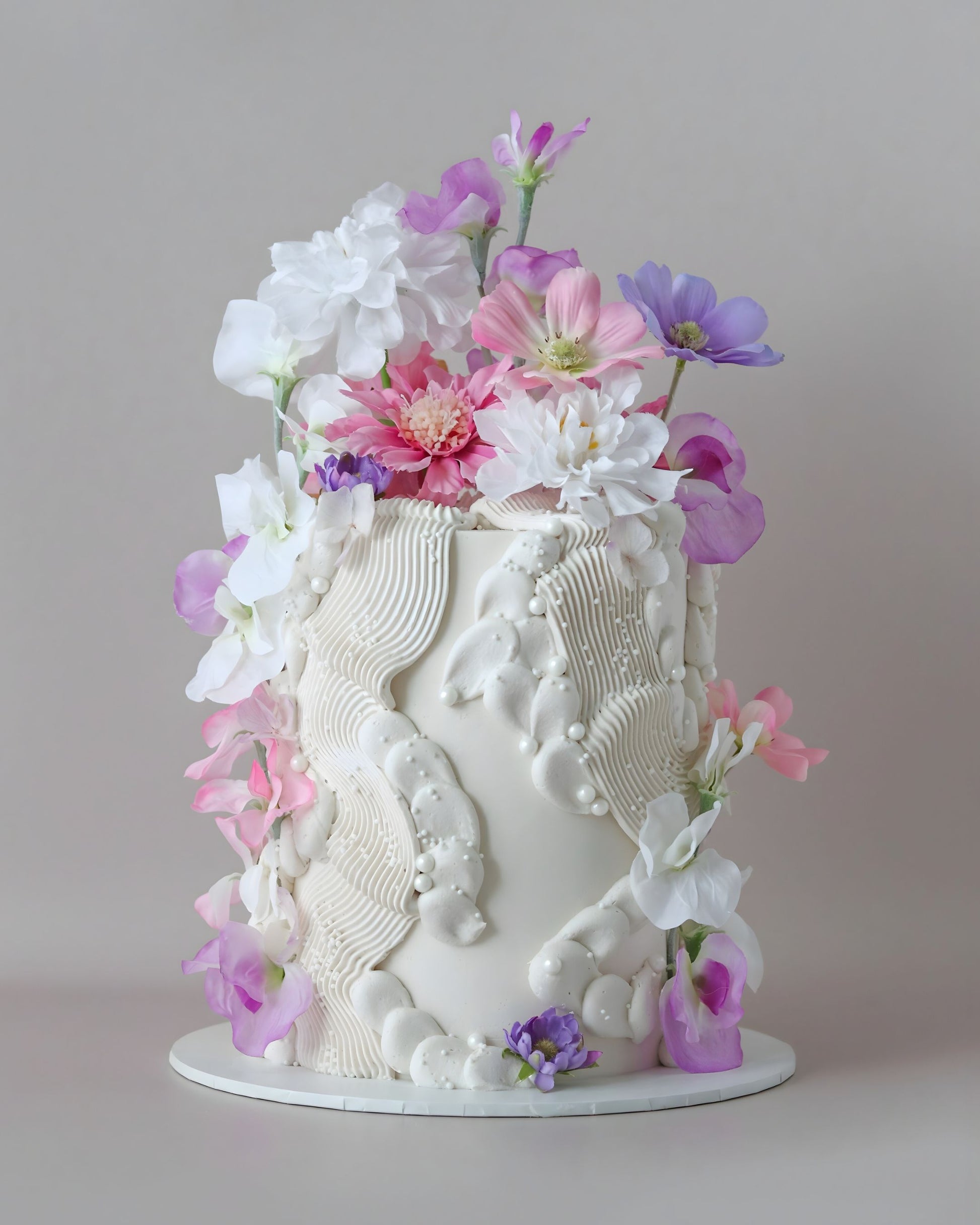 White, Pink & Purple Floral Squiggle Celebration Cake - Bel Bear Bakes