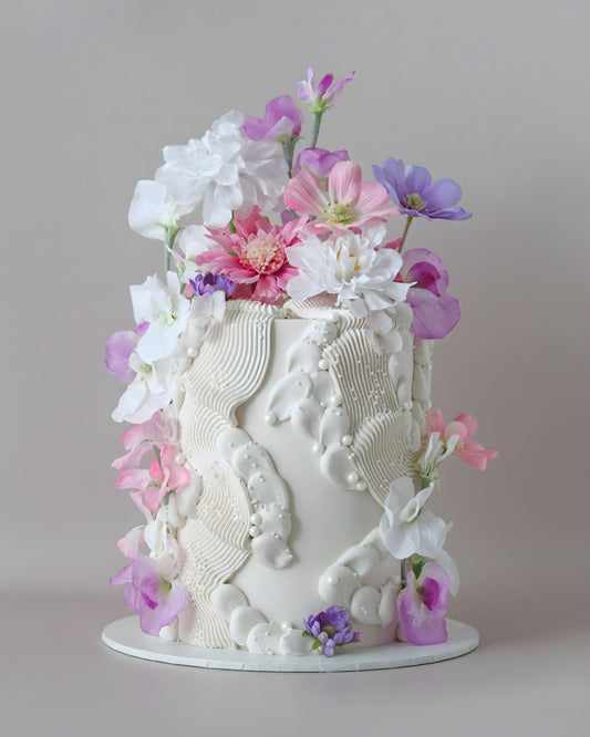 White, Pink & Purple Floral Squiggle Celebration Cake - Bel Bear Bakes
