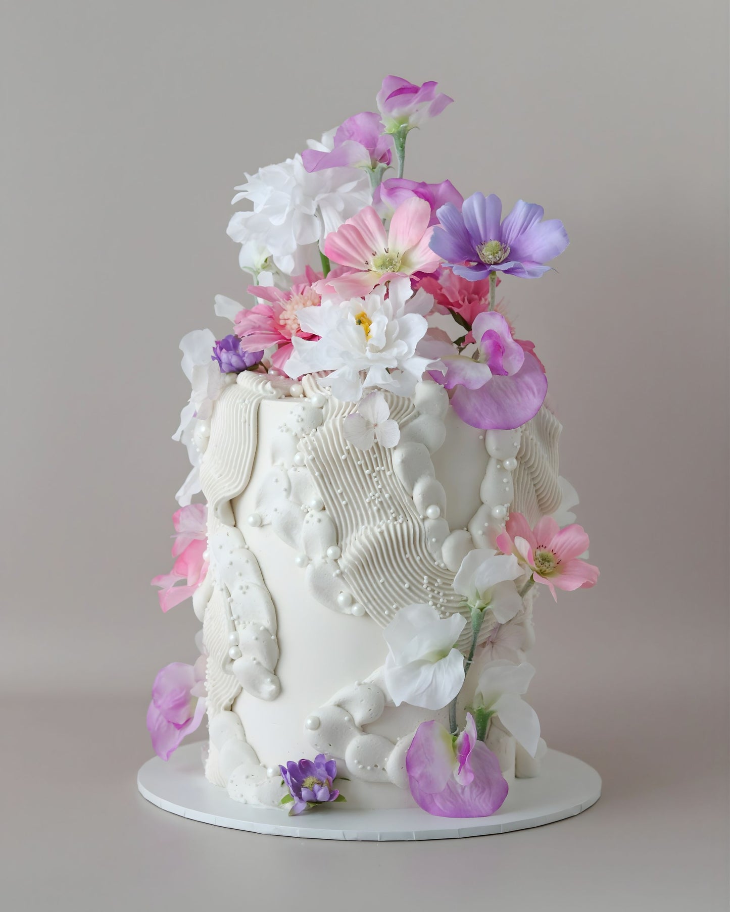 White, Pink & Purple Floral Squiggle Celebration Cake - Bel Bear Bakes