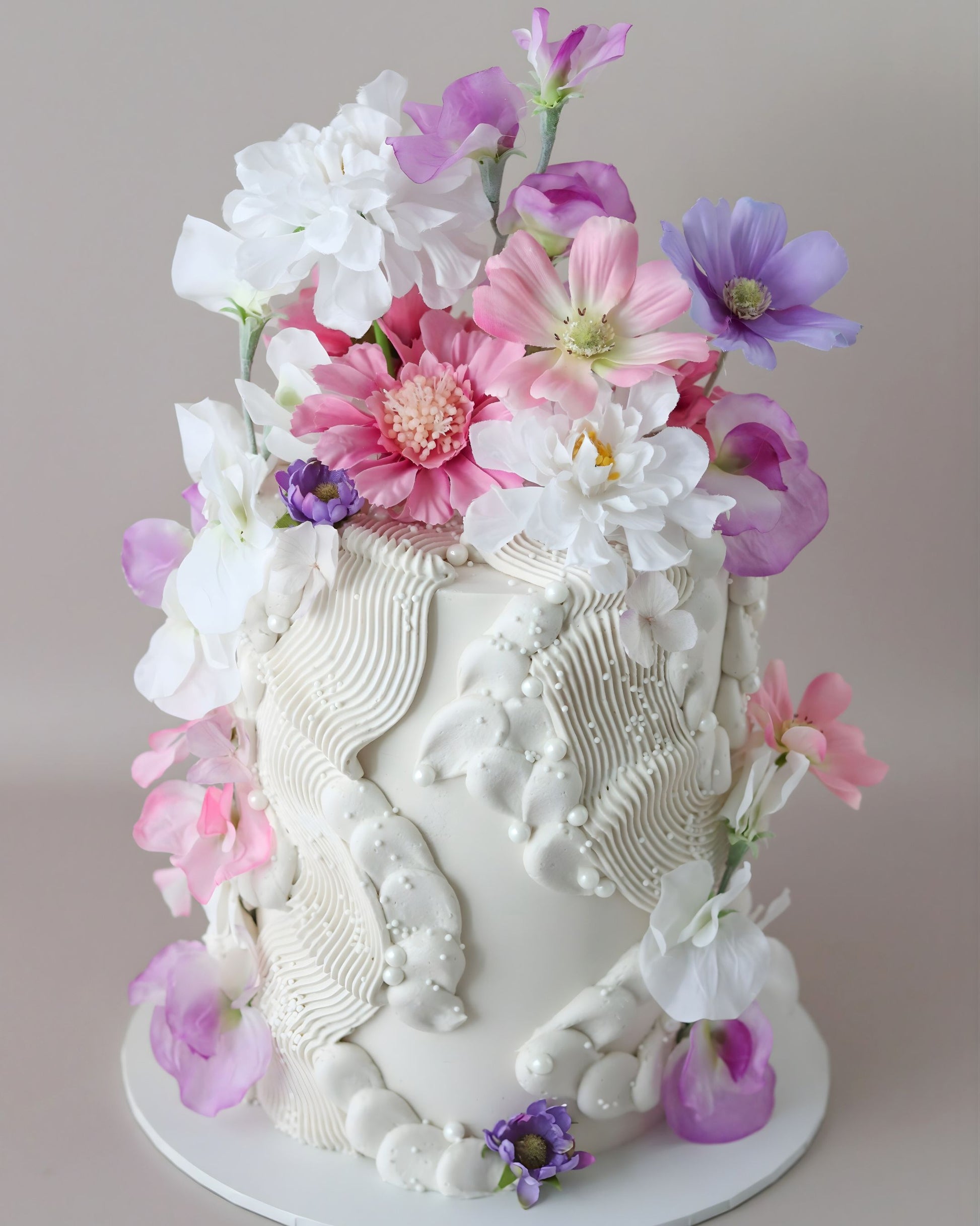 White, Pink & Purple Floral Squiggle Celebration Cake - Bel Bear Bakes