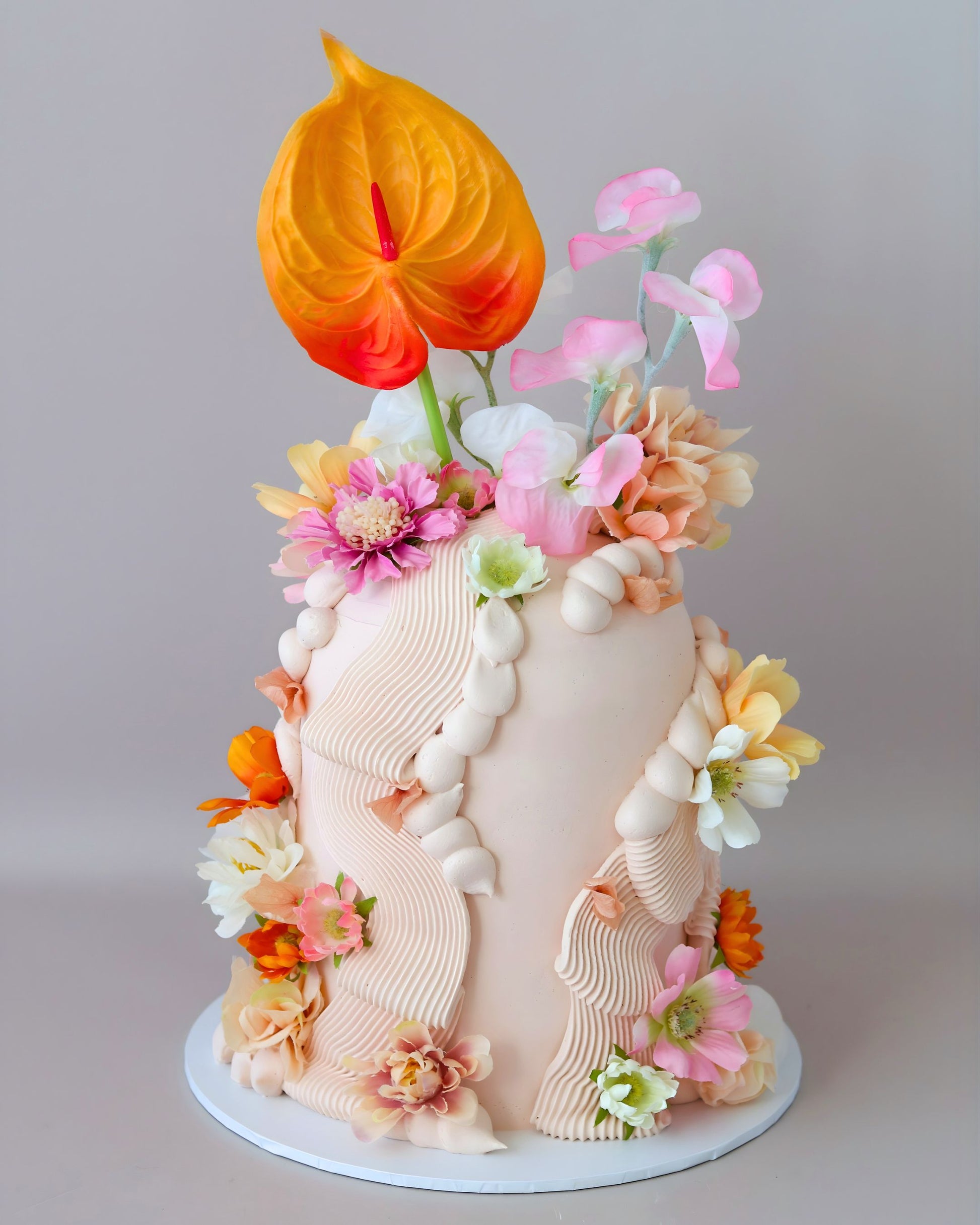 Pastel & Peachy Floral Squiggle Dome Celebration Cake - Bel Bear Bakes