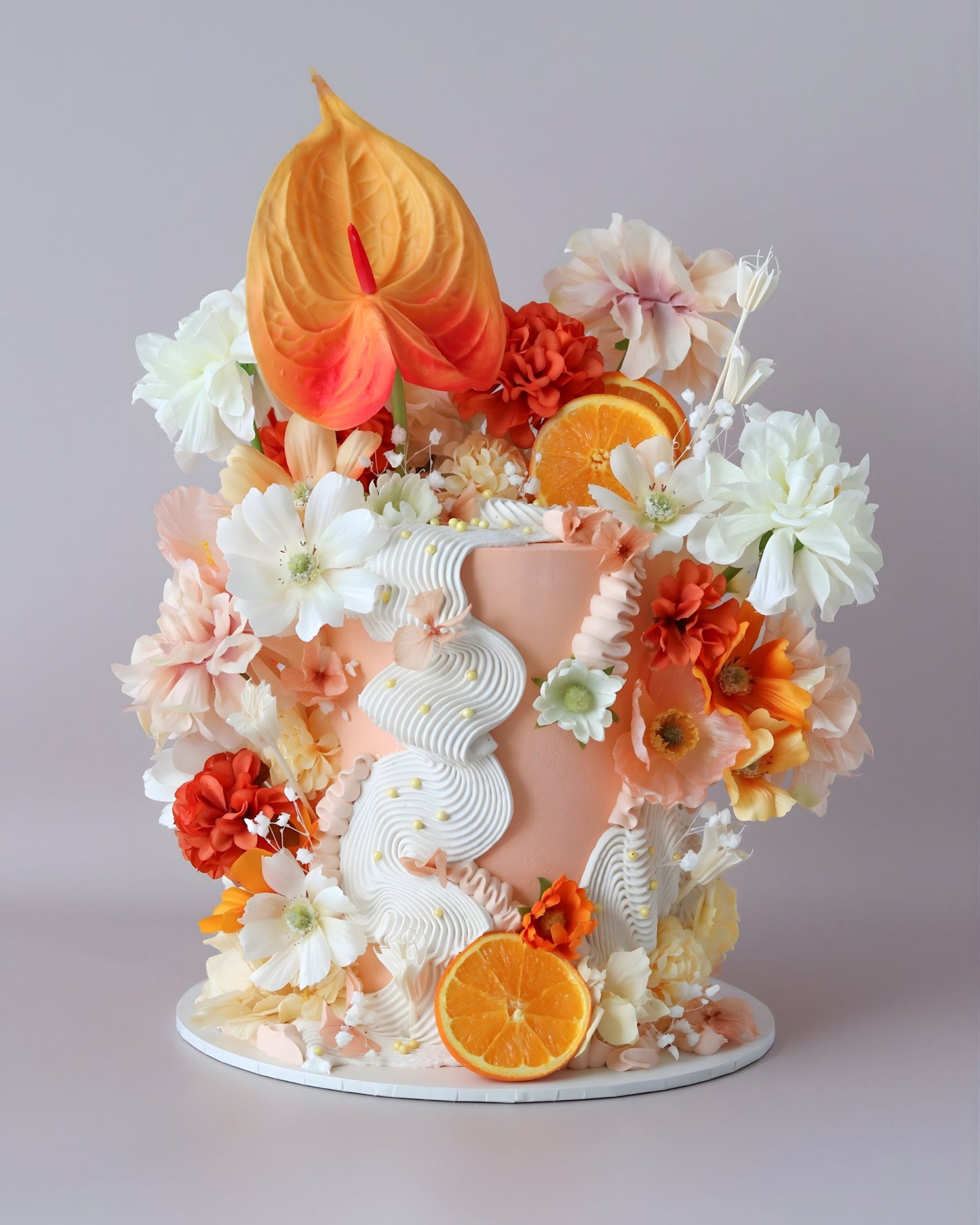 Peach & Orange Squiggle Floral Celebration Cake -  Bel Bear Bakes