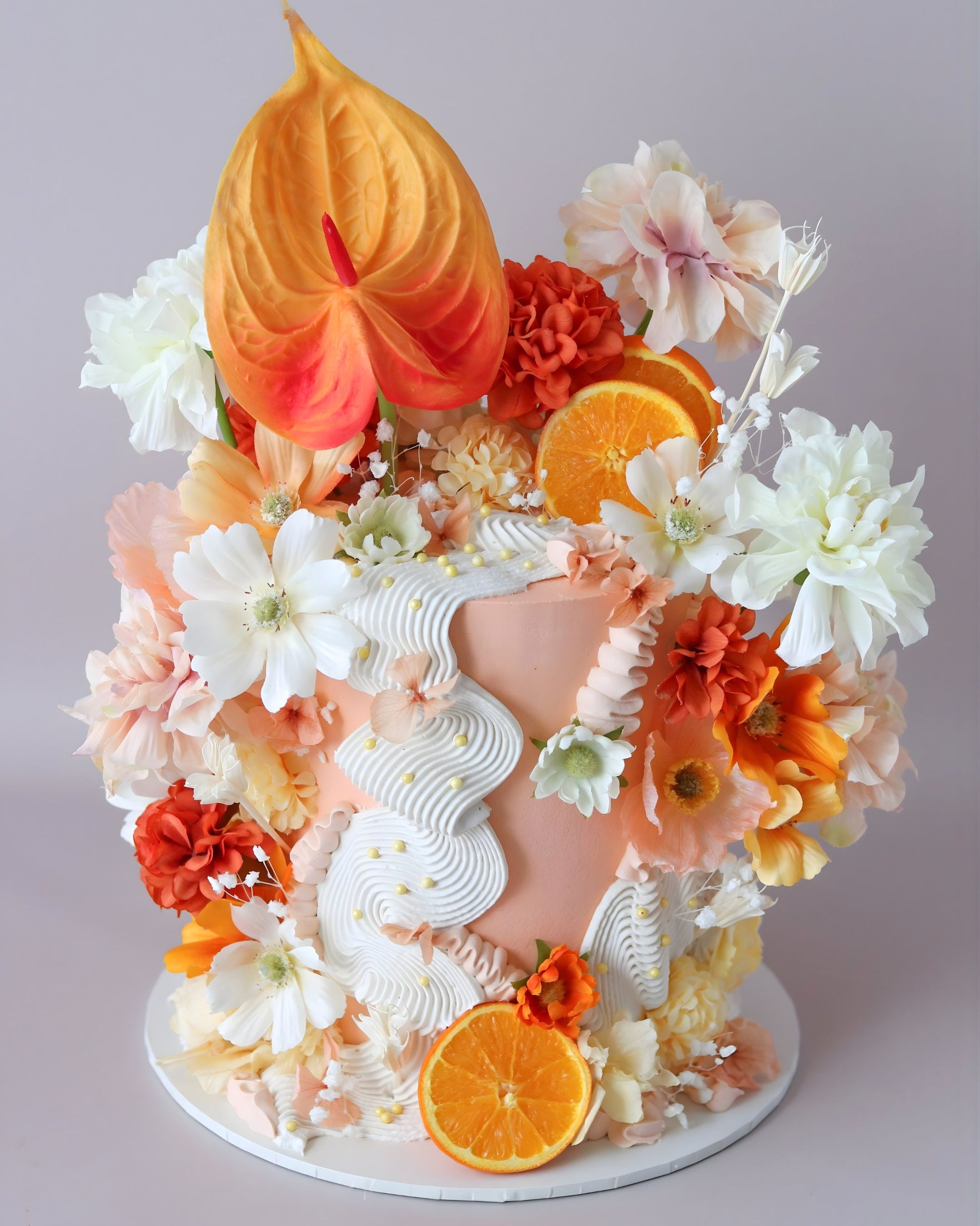 Peach & Orange Squiggle Floral Celebration Cake -  Bel Bear Bakes