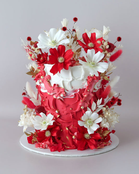 Red & White Boho Floral Wedding Cake -  Bel Bear Bakes
