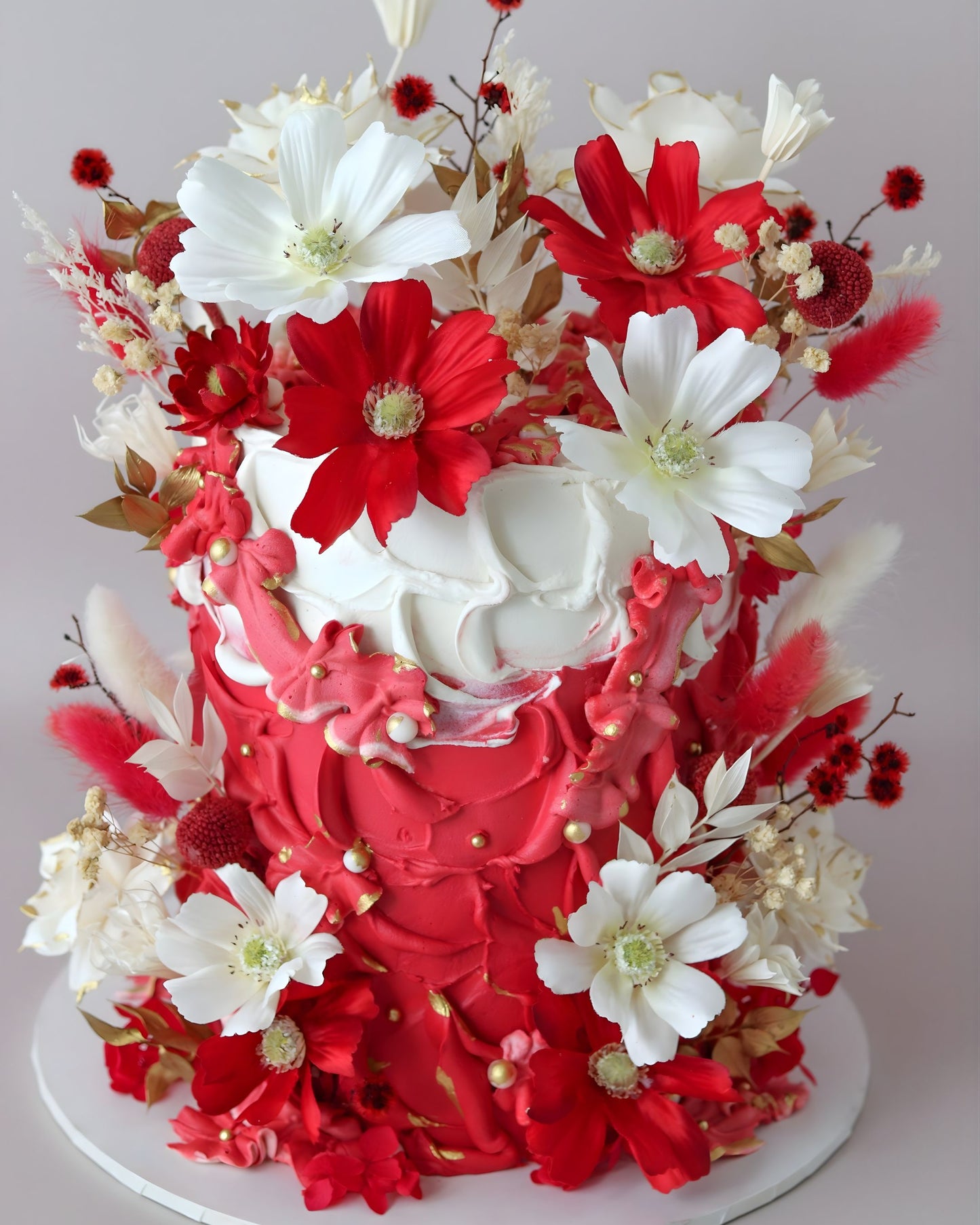 Red & White Boho Floral Wedding Cake -  Bel Bear Bakes