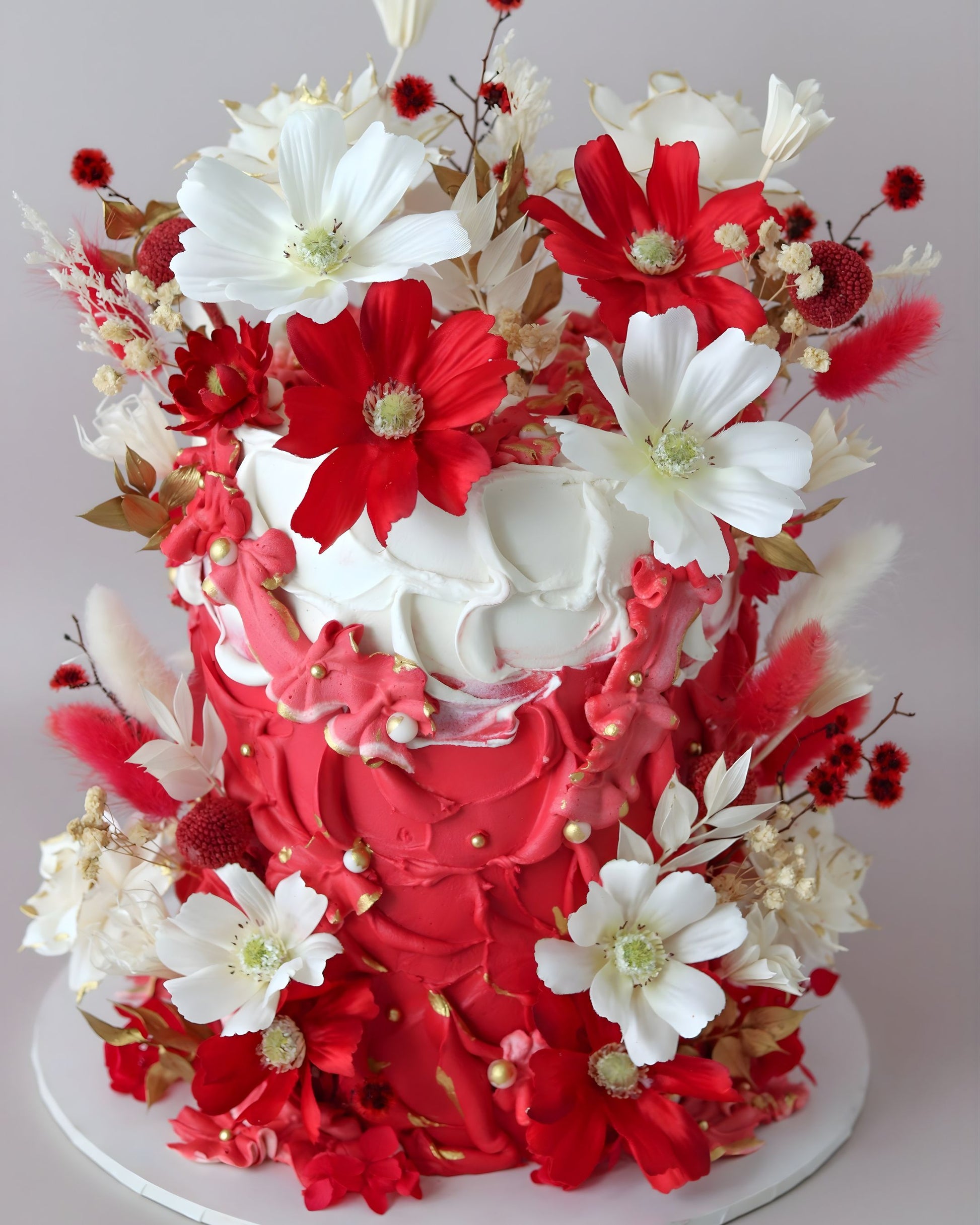Red & White Boho Floral Wedding Cake -  Bel Bear Bakes