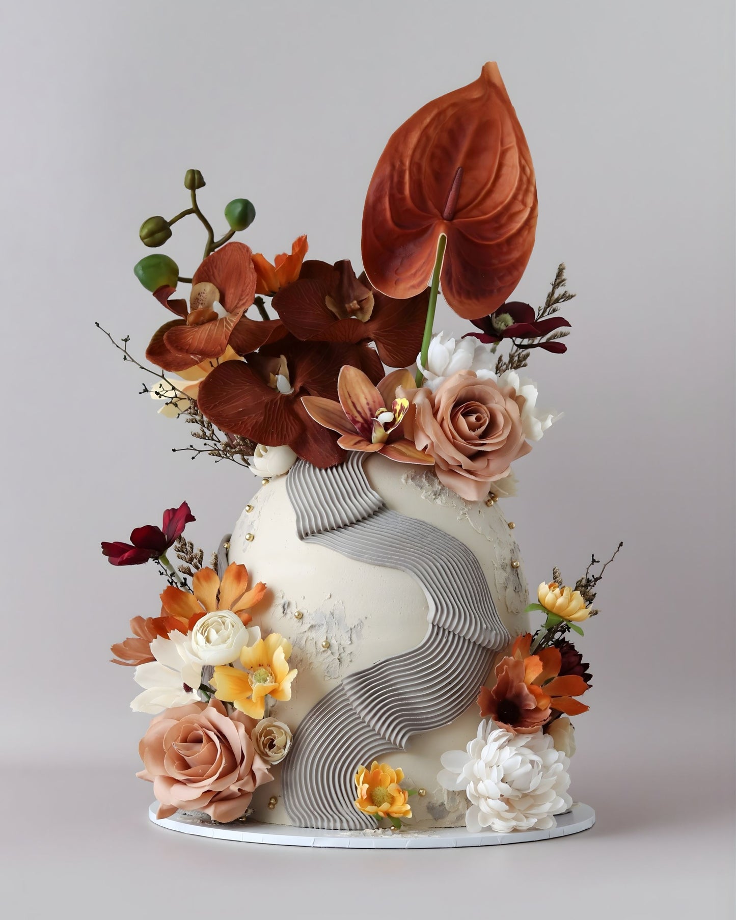 Earthy Brown Autumn Floral Dome Cake - Bel Bear Bakes