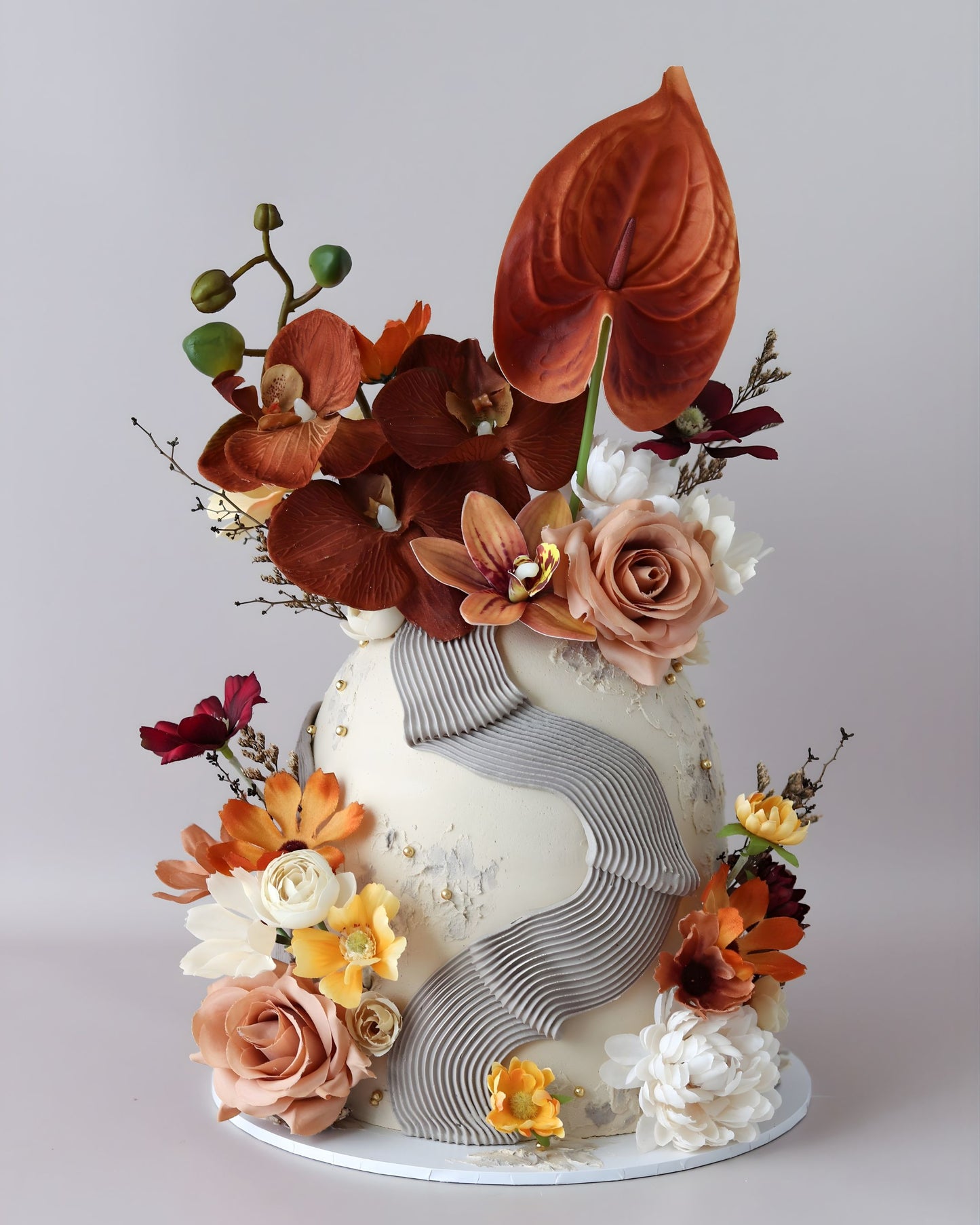 Earthy Brown Autumn Floral Dome Cake - Bel Bear Bakes
