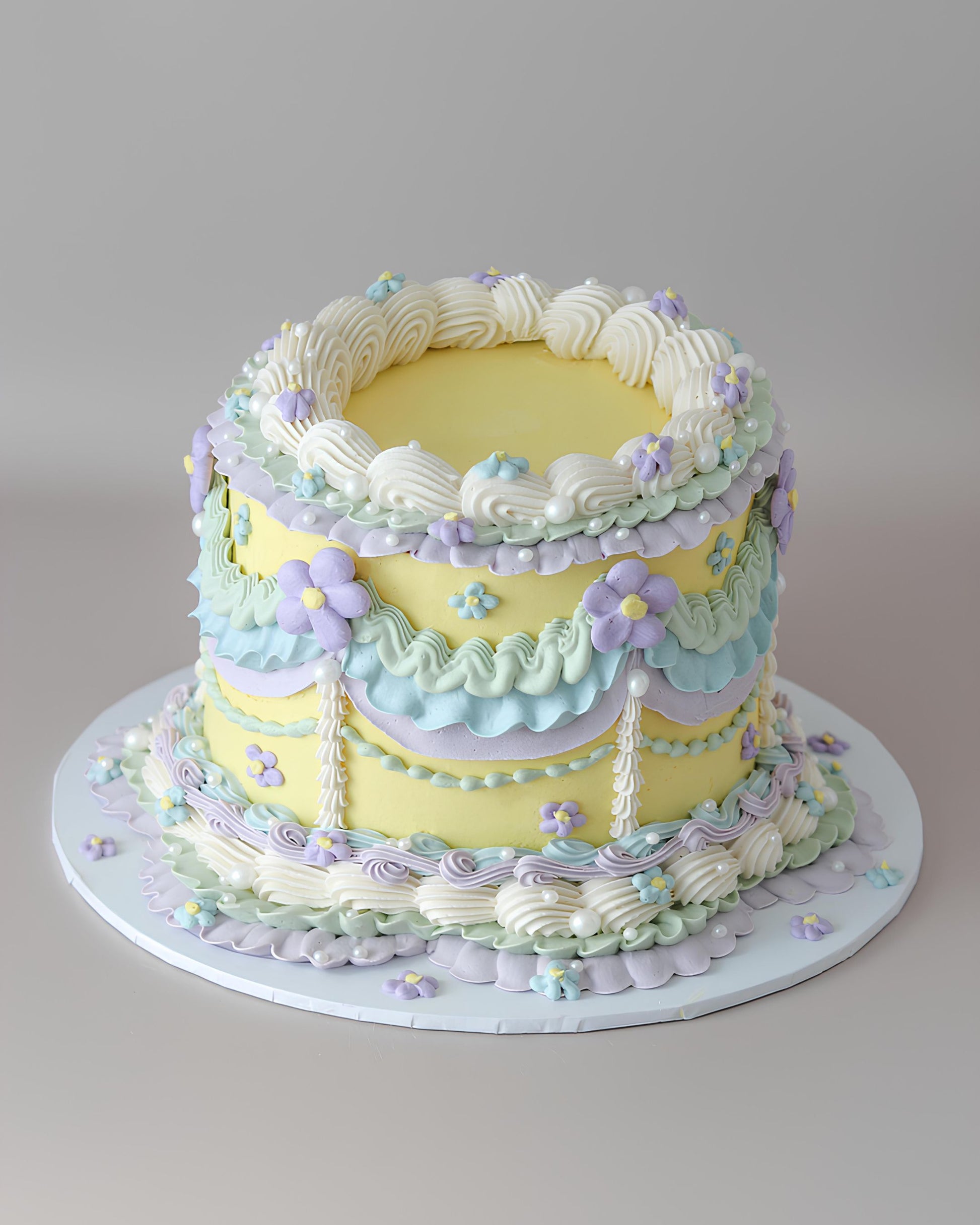 Yellow & purple flower themed vintage cake - Bel Bear Bakes