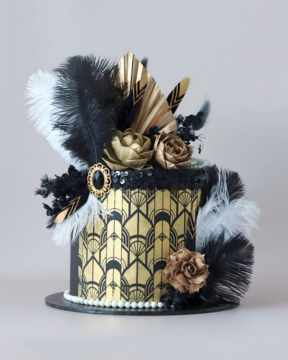 Black & Gold Gatsby Theme Cake with feathers & accessories