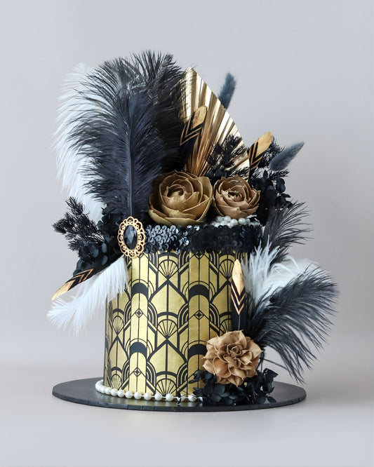 Black & Gold Gatsby Theme Cake with feathers & accessories