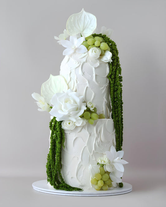 2 tier white and green modern floral wedding dome cake