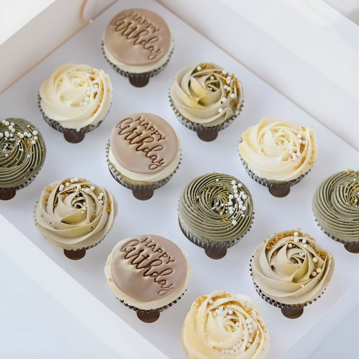 Latte and white Happy Happy Birthday cupcakes with custom name