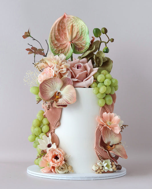 Peachy Earthy Floral Squiggle Celebration Cake - Bel Bear Bakes