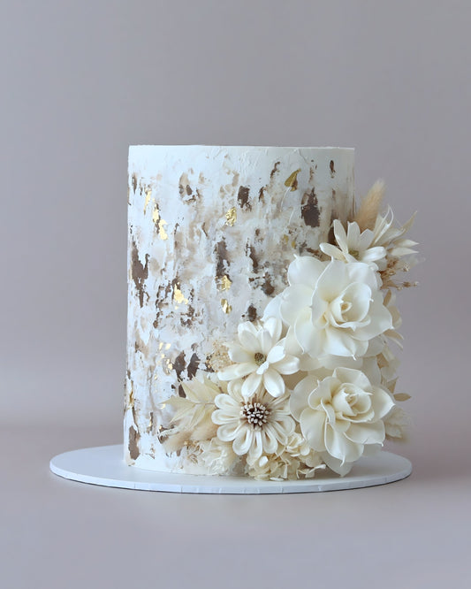 White & Latte Textured Floral Cake - Bel Bear Bakes