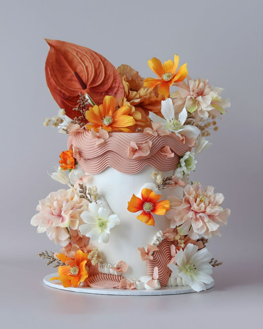 Peachy Autumn Floral Squiggle Celebration Cake -  Bel Bear Bakes