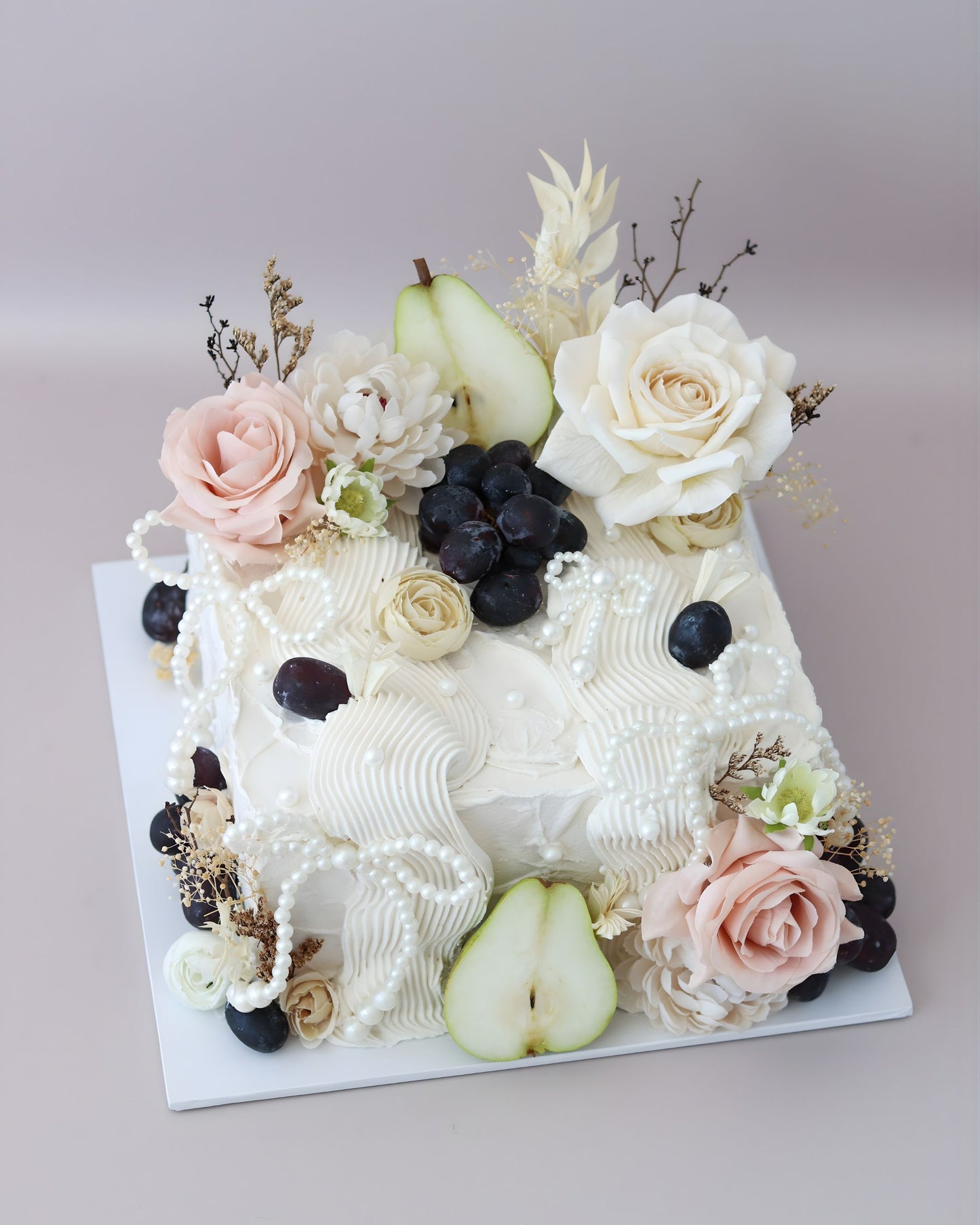 White, Ivory Floral Slab Sheet Cake decorated with pearl bows, grapes and pears -  Bel Bear Bakes