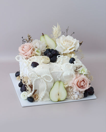 White, Ivory Floral Slab Sheet Cake decorated with pearl bows, grapes and pears -  Bel Bear Bakes