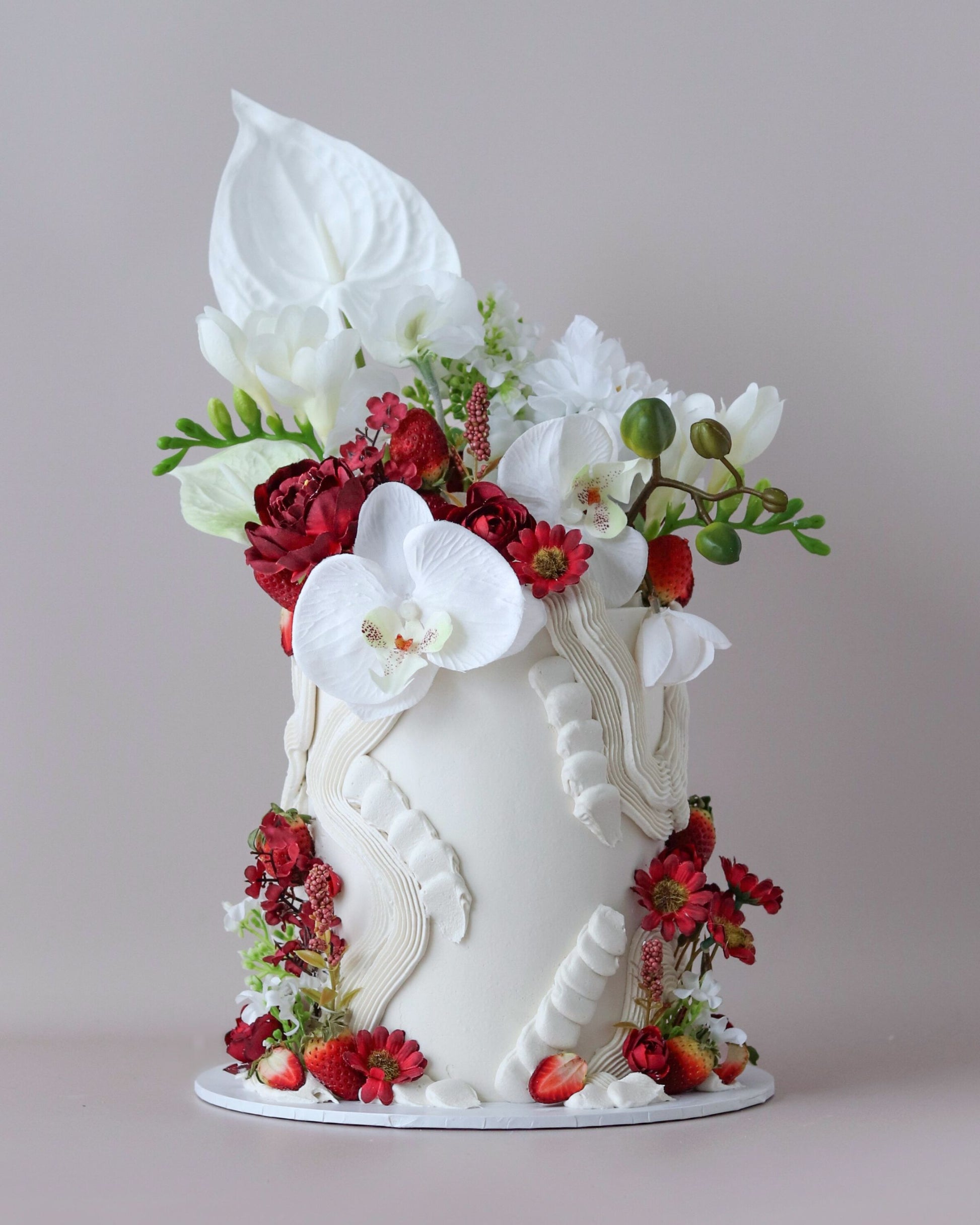 White & Red Floral Squiggle Wedding Cake -  Bel Bear Bakes