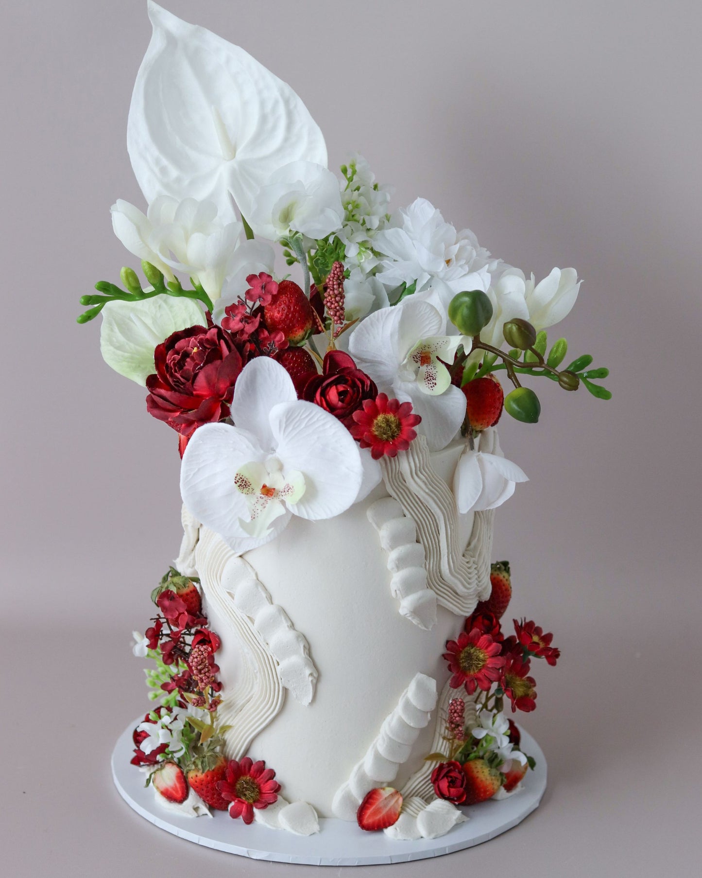 White & Red Floral Squiggle Wedding Cake -  Bel Bear Bakes