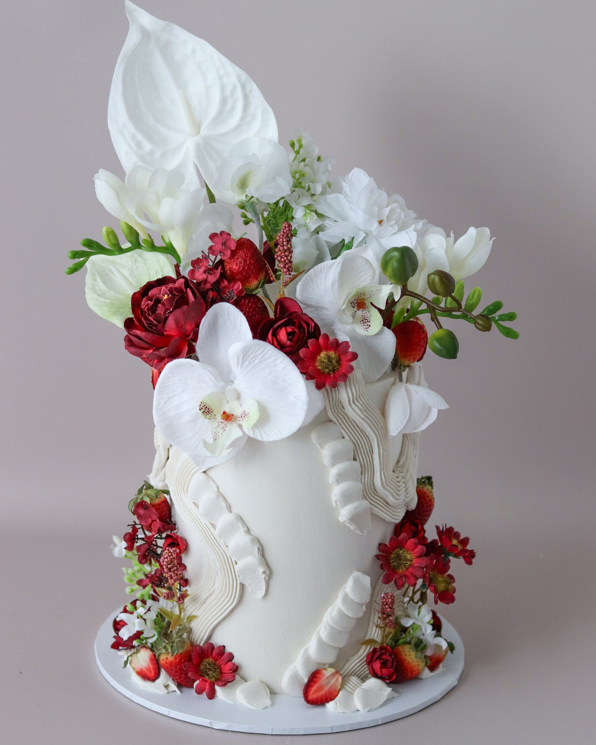 White & Red Floral Squiggle Wedding Cake -  Bel Bear Bakes